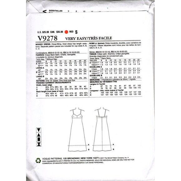 Very Easy Vogue V9278 Misses 6 to 14 Slip Dress Uncut Sewing Pattern - Picture 2 of 2